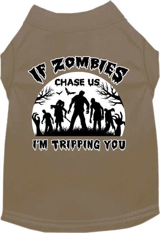 If Zombies Chase Us Screen Print Dog Shirt Tan Size XS